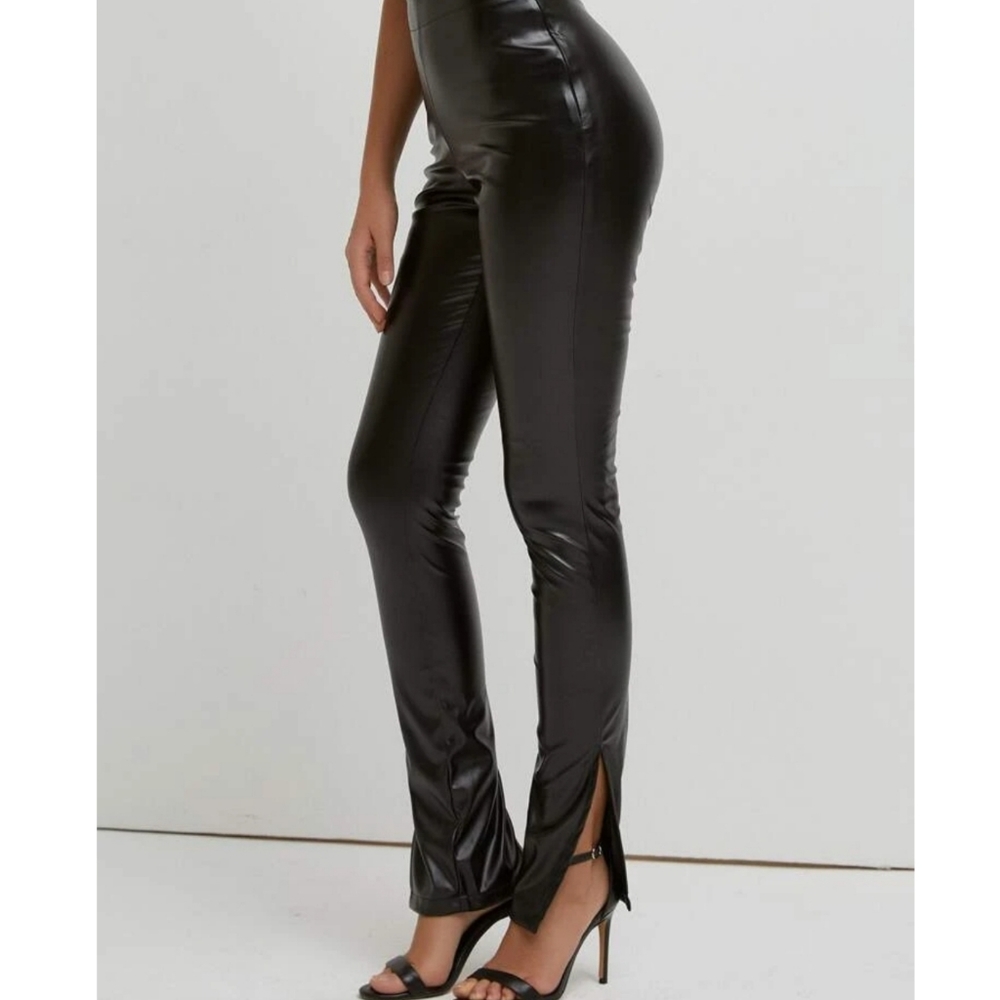 SBetro Slit Hem Pu Leather Skinny Pants  Black Size Small